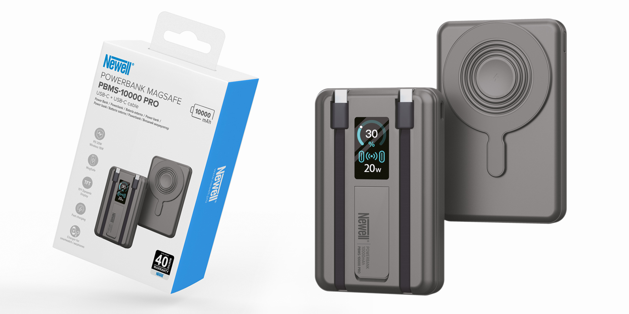 Power Bank Newell MS-10000 Pro MagSafe 10000 mAh 2x USB-C - szary